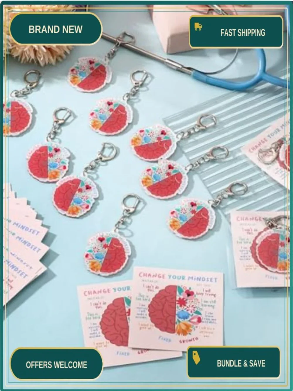 50 Acrylic Growth Mindset Keychains with Inspirational Cards - Motivational